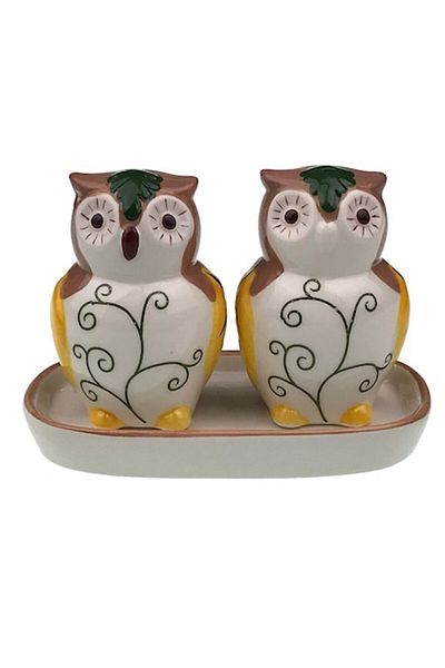 OEM Suport ceramic pentru sare și piper, 2 recipiente, design bufniță, 14x10cm, multicolor