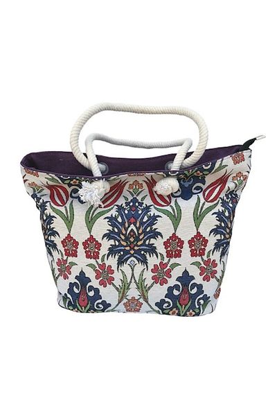 OEM Geanta din material textil cu model floral si toarte groase din sfoara, M2, 35x34 cm