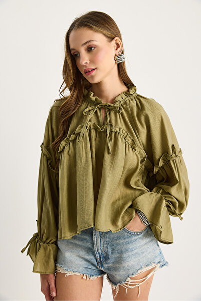 Bianco Lucci Women's Lacing Detailed Balloon Sleeve Casual Seersucker Blouse 252 60282002