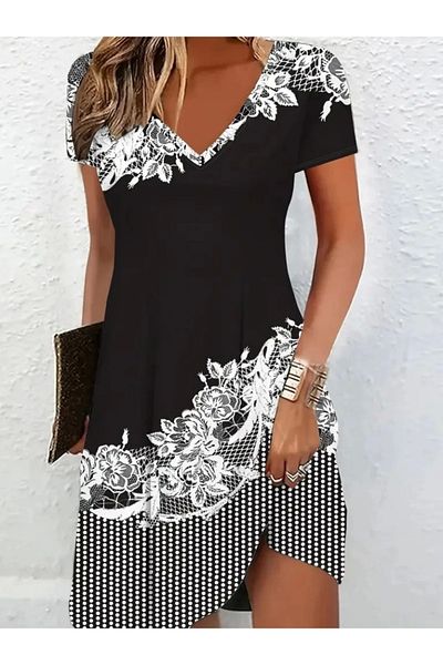 ceylinmoda Women's short sleeve v neck floral Printed single jersey dress