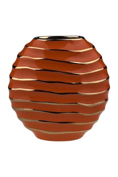 OEM Ceramic Vase with Horizontal Stripes, Round, 19x20 cm, Orange