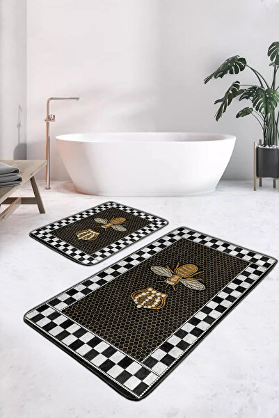 Realhomes مجموعة سجادة حمام منقوشة على شكل نحلة وخلايا نحل باللونين الأبيض والأسود مكونة من قطعتين وقاعدة مضادة للانزلاق وقابلة للغسل