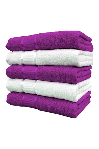 OEM Set 5 Bath Towels, Cotton, 400g/m², 70x135cm, Purple-White