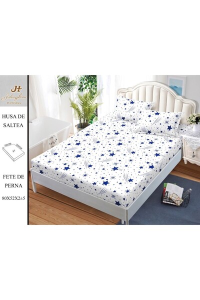OEM Husa de Pat, cu Elastic, 3 Piese, Bumbac Satinat, 180x200cm, Imprimeu Bicolor Stele, Alb-Bleumarin