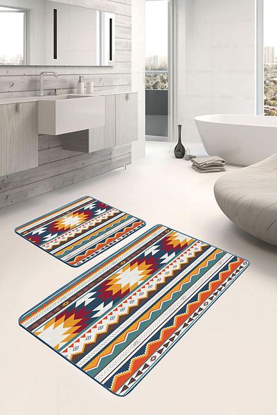 Realhomes Orange-Blue 2-Piece Non-Slip Base Washable Bath Mat Set with Ethnic Stripes and Geometric Pattern