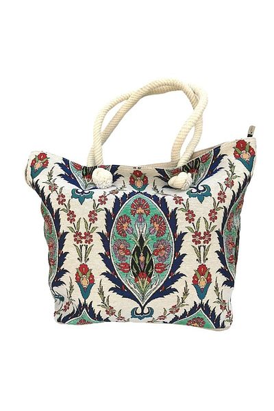 OEM Geanta din material textil cu model floral si toarte groase din sfoara, M3, 35x34 cm