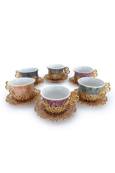 OEM Set de șase cești ceramice cu suport metalic și șase farfurii metalice, M1, 37x34 cm