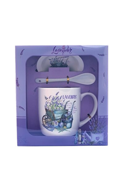 OEM Cana din ceramica cu lingurita si capac, cu lavanda, 150ml, Model3