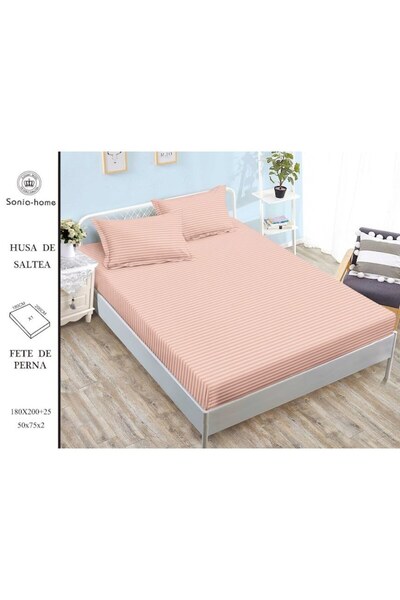 OEM Fitted sheet with elastic and 2 pillowcases, Damask, Single size, Plain, 140x200cm, Dusty Cor