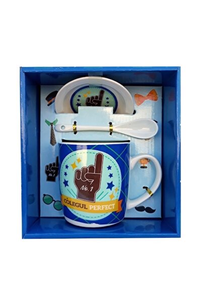 OEM Cană ceramică cu lingură și capac, dedicată colegilor, 17 x 18 cm