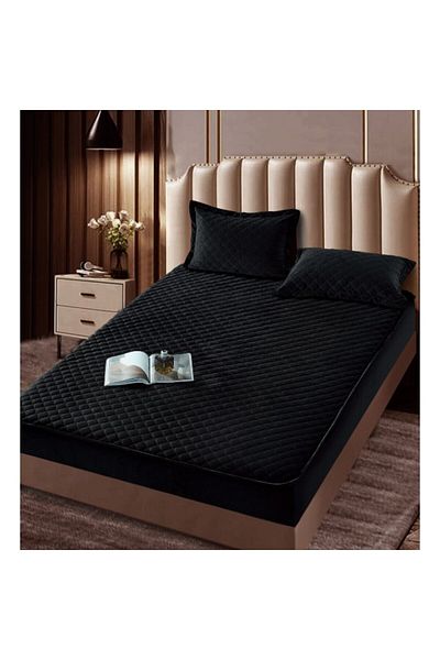JOJO HOME Cuvertură de pat și 2 fețe de pernă, Jojo Home, catifea, model cu romburi, saltea matlasată, 160x200cm, negru