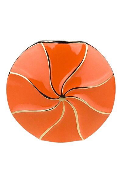 OEM Ceramic vase, round, with golden stripes. 26X24 cm orange