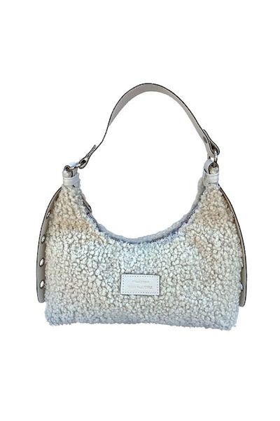 OEM Geantă albă din material asemănător lânii, cu curea din piele, 30x26 cm