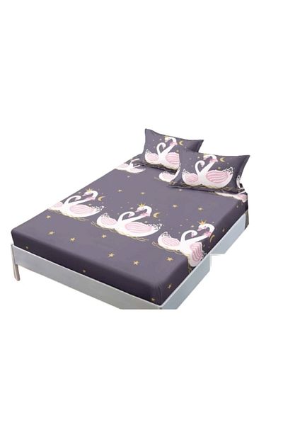 OEM Set cearșafuri și fețe de pernă, Finet, 3 piese, 1 persoană, 140x200 cm, imprimeu lebădă, multicolor