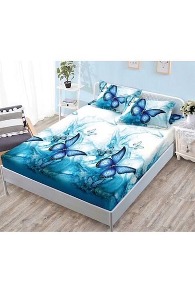 OEM Husa de Pat, cu Elastic, 3 Piese, Finet, 180x200cm, Imprimeu Fluturi, Turcoaz-Alb