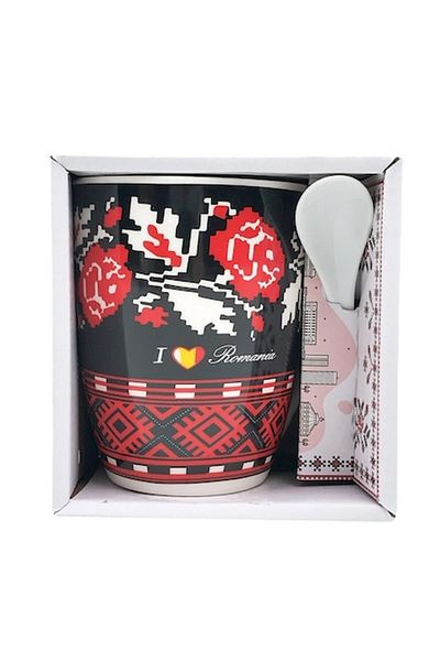 OEM Cană ceramică cu lingură metalică, model tradițional, 11x12 cm, multicoloră