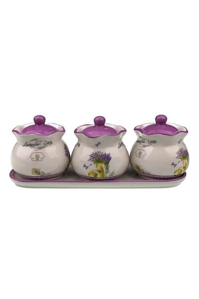 OEM Set recipiente ceramice pentru ulei, 3 borcane cu capac, design lavandă, 35x14cm, multicolor