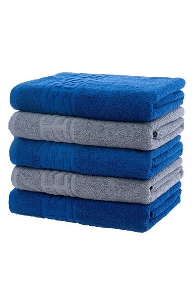 OEM Set 5 prosoape de baie, bumbac, bicolor, bordură grecească, 500g/m², 70x140cm, albastru marin-gri