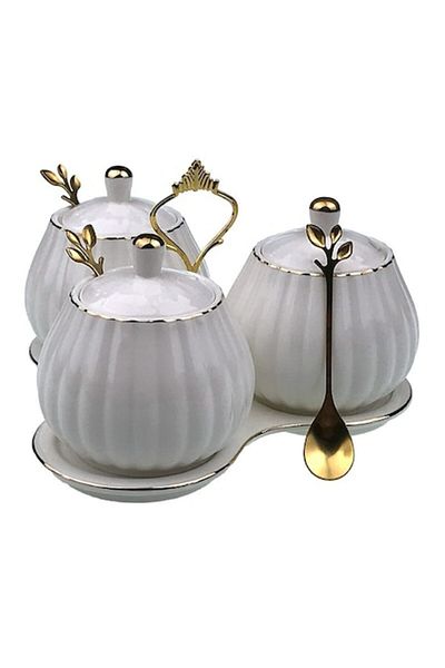 OEM Set de condimente din ceramică, 3 boluri cu lingură, 21x14cm, auriu alb