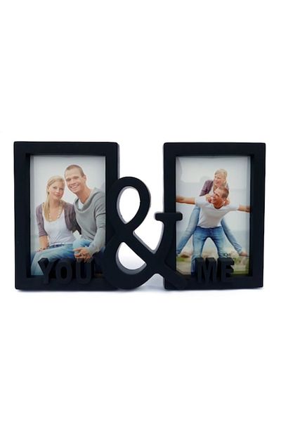 OEM Ramă foto de perete din plastic, stil colaj, text You & Me, neagră, 29x17 cm