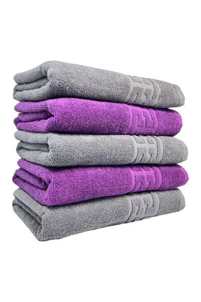 OEM Set 5 prosoape de baie, bumbac, bicolor, bordură grecească, 500g/m², 70x140cm, gri-violet