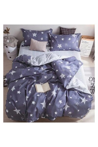 OEM Lenjerie de pat dublă, bumbac satinat, 4 piese, 2 persoane, stele, bleumarin-gri, 240x250cm