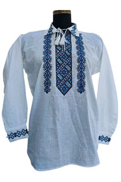 OEM Men's Traditional Embroidered Cotton Blouse, Light Blue and Navy, Size M