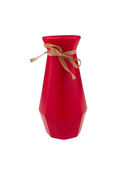 OEM Plastic vase with striations and bow, 13x29 cm red