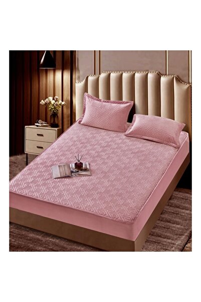 JOJO HOME Mattress cover and 2 pillowcases, velvet, abstract, quilted topper, 160x200cm, pink