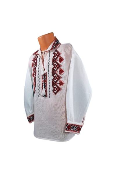OEM Traditional Cotton Shirt for Boys, White with Red Geometric Embroidery, 14 Years