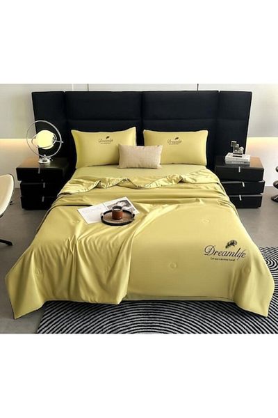 OEM Double Bed Set with Summer Quilt, Uni, 4 Pieces, Yellow, 240x245cm, Silk
