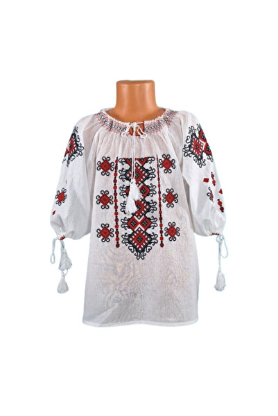 OEM Traditional Cotton Blouse for Girls (Romanian Ie) - White with Red and Black Embroidery, 10 Years