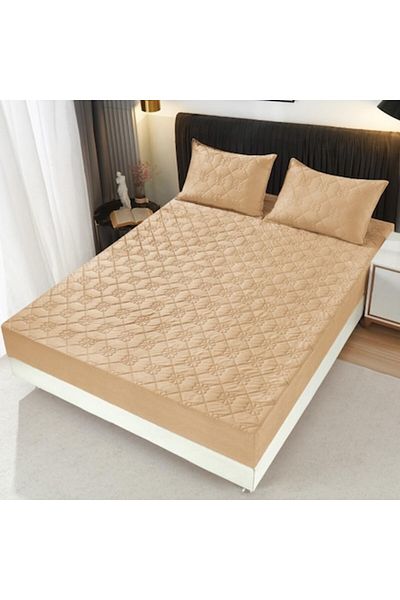 OEM Bed Sheet and 2 Pillowcases, Quilted Topper, Velvet, 180X200cm, Beige