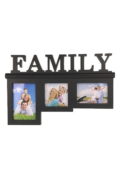 OEM Rama foto din plastic cu spatii pentru trei fotografii si text "Family", Negru, 41x27 cm