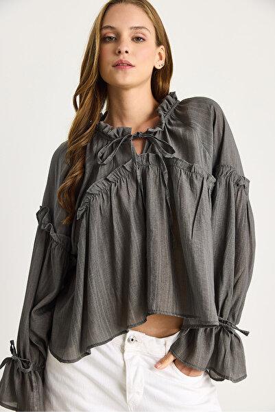 Bianco Lucci Women's Lacing Detailed Balloon Sleeve Casual Seersucker Blouse 252 60282002