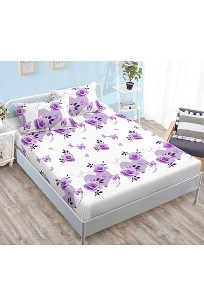 OEM Double Bed Sheet and Pillowcases, Finet, Lilac Print, 180x200cm, 3 Pieces, Multicolor