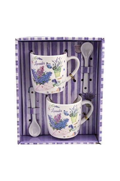 OEM Set de două căni cu lingură, design lavandă