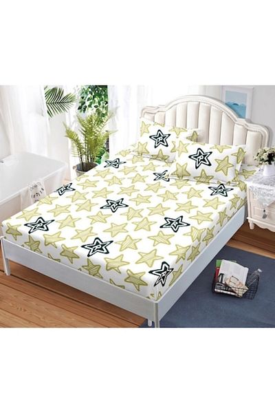OEM Husa de Pat, cu Elastic, 3 Piese, Bumbac Satinat, 180x200cm, Imprimeu Stele Bicolore