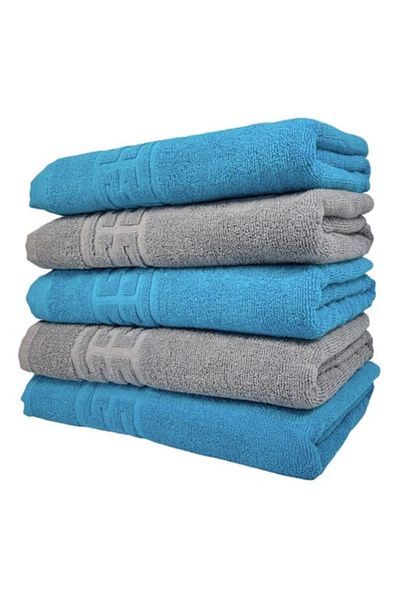 OEM Set 5 prosoape de baie, bumbac, bicolor, bordură grecească, 500g/m², 70x140cm, gri-turcoaz