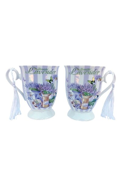 OEM Set din ceramica format din 2 cani cu snur si desene cu lavanda