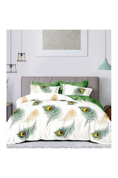 OEM Lenjerie de pat, Imprimeu Pene Paun, 4 Piese, 2 persoane, 230x250cm, Bumbac, Multicolor