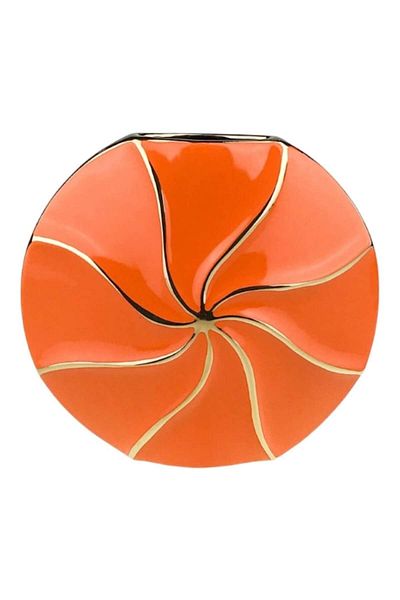 OEM Ceramic vase, round, with golden stripes. 26X24 cm orange