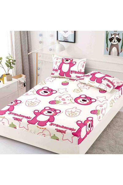 JOJO HOME Double Bed Sheet with Elastic, Jojo Home, Finet, 3-Piece, 180x200cm, Strawberry Bear, Multicolor
