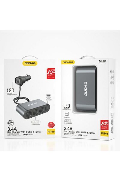 DUDAO Încărcător auto 2x USB + splitter priză brichetă 3x negru