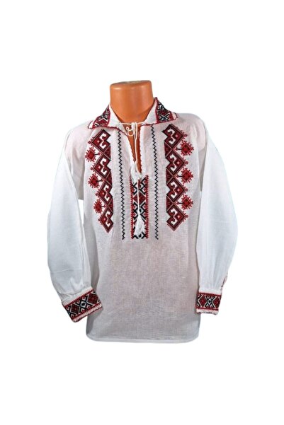 OEM Traditional Cotton Shirt for Boys, White with Red Geometric Embroidery, 14 Years