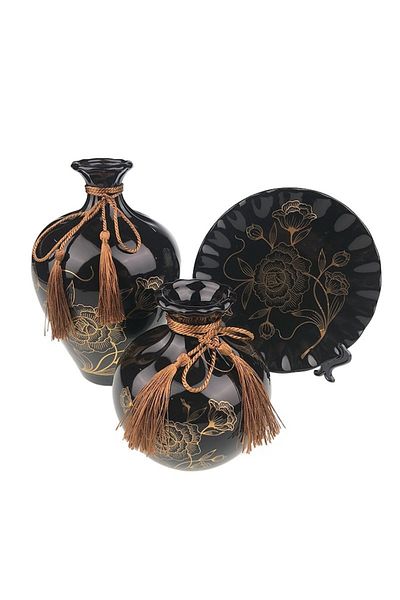 OEM Set din ceramica format din doua vaze de dimensiuni diferite si farfurie decorativa, cu flori desena
