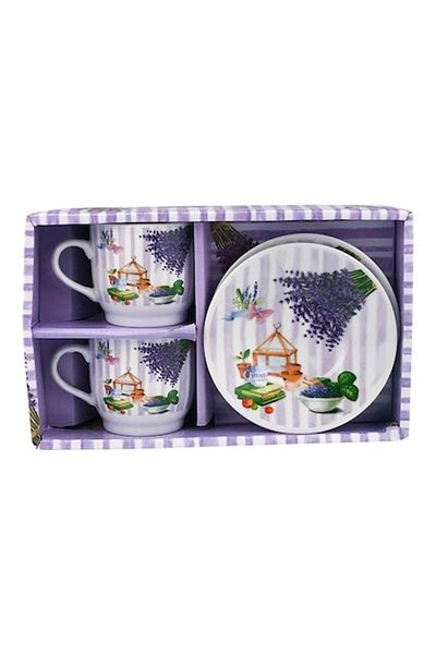 OEM Set ceramic cu două cești și farfurie, 24x15 cm, motiv lavandă, multicolor