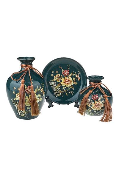 OEM Set ceramic cu două vaze și o farfurie decorativă cu model floral 26x17 cm