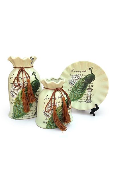 OEM Set din ceramica format din doua vaze cu farfurie cu pauni desenati si cu snur, M1, 39x23 cm
