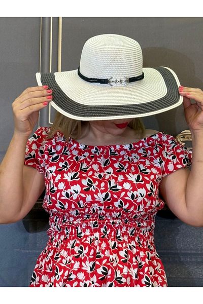 Yeşilmoda Straw Hat Women's Summer Hat Details White Black Color Beach, Sun Hat
